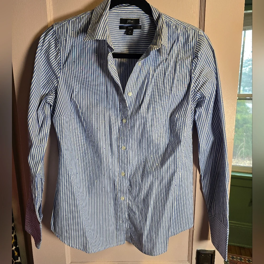 J. Crew Rhinestone Blue Striped Button Down Shirt Size 4